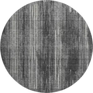 Photo of 8' Charcoal And Ivory Striped Washable Round Rug With UV Protection