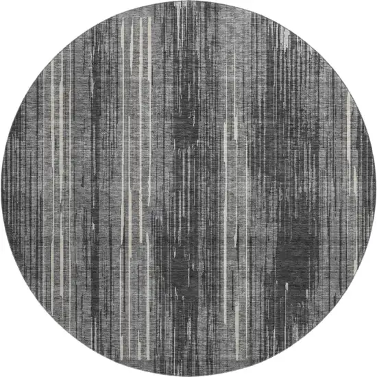 8' Charcoal And Ivory Striped Washable Round Rug With UV Protection Photo 1