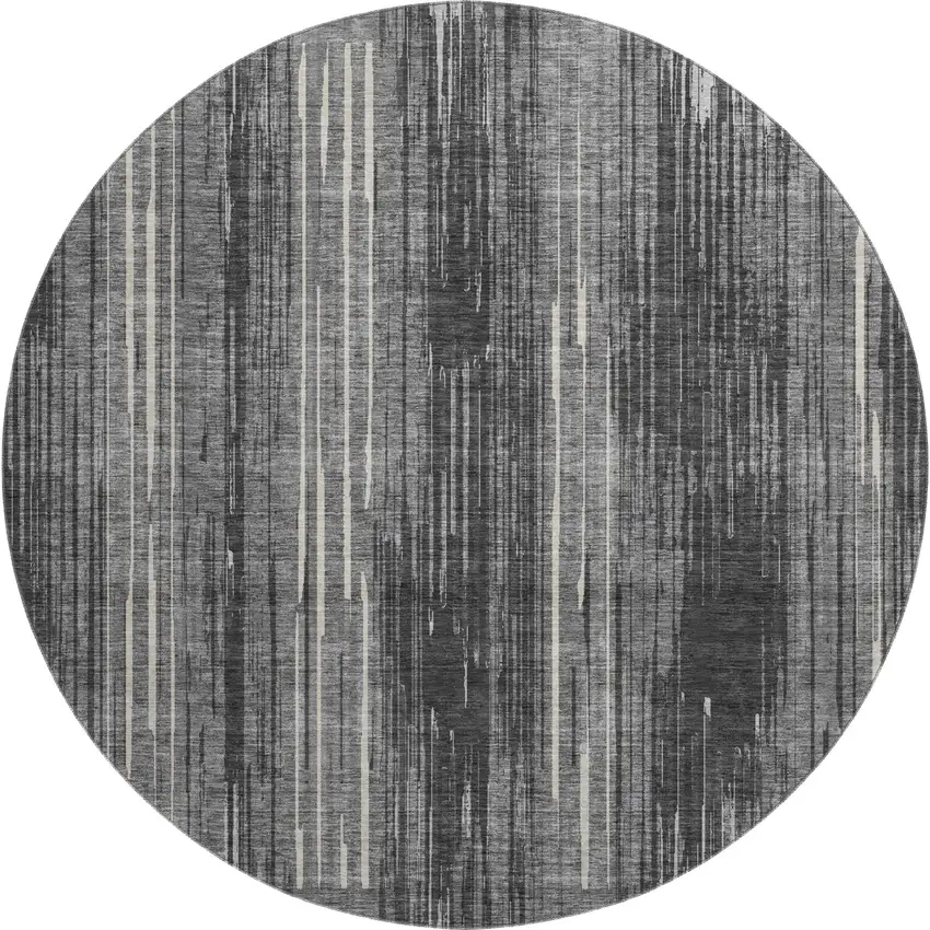 8' Charcoal And Ivory Striped Washable Round Rug With UV Protection Photo 1