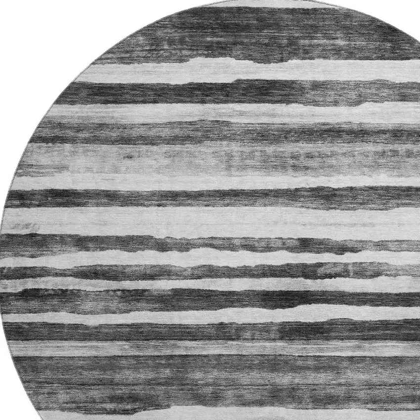 8' Charcoal And Ivory Striped Washable Round Rug With UV Protection Photo 3