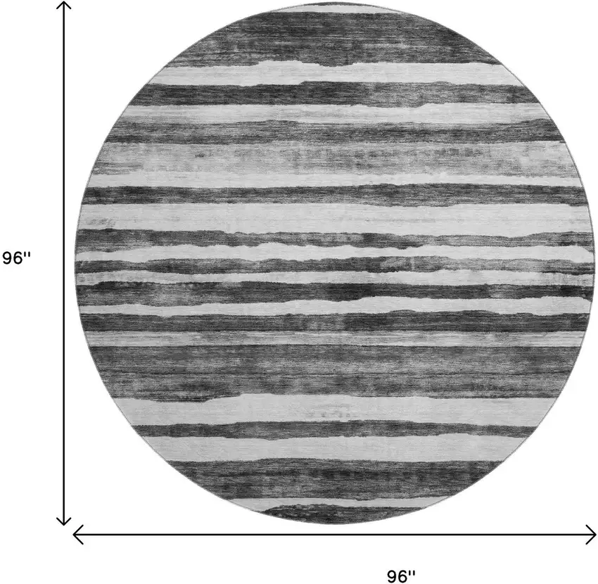 8' Charcoal And Ivory Striped Washable Round Rug With UV Protection Photo 9