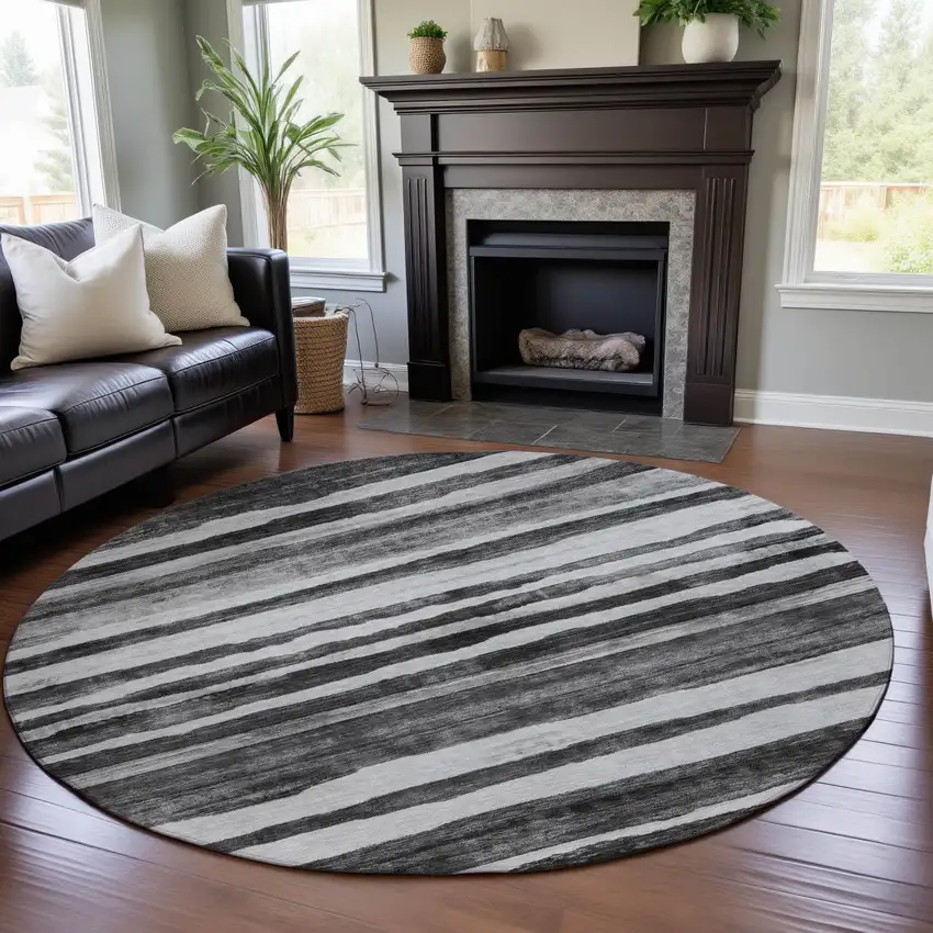 8' Charcoal And Ivory Striped Washable Round Rug With UV Protection Photo 4