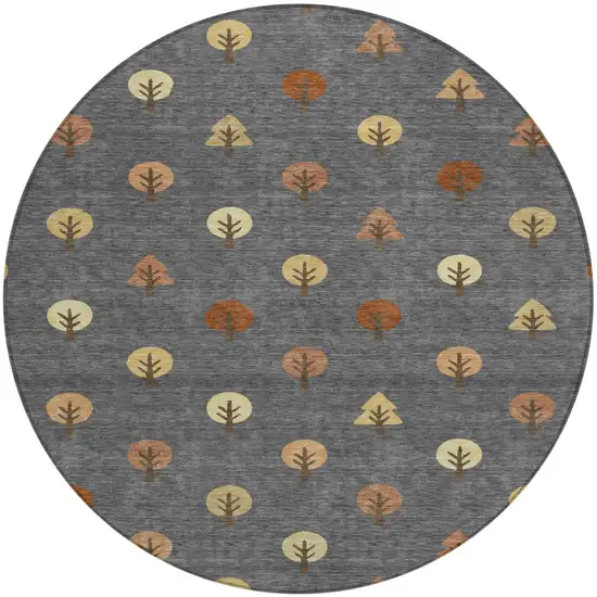 8' Charcoal And Orange Round Geometric Washable Indoor Outdoor Area Rug Photo 2