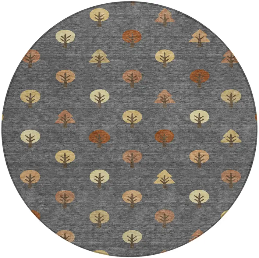 8' Charcoal And Orange Round Geometric Washable Indoor Outdoor Area Rug Photo 2