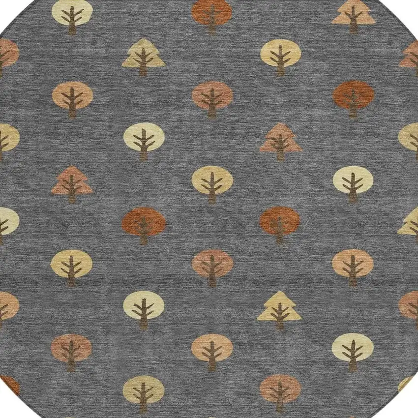8' Charcoal And Orange Round Geometric Washable Indoor Outdoor Area Rug Photo 3