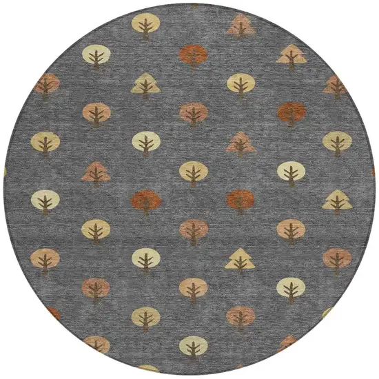 8' Charcoal And Orange Round Geometric Washable Indoor Outdoor Area Rug Photo 4