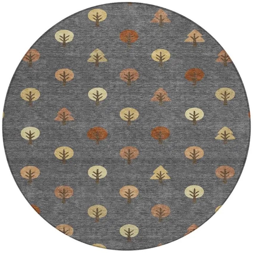 8' Charcoal And Orange Round Geometric Washable Indoor Outdoor Area Rug Photo 4