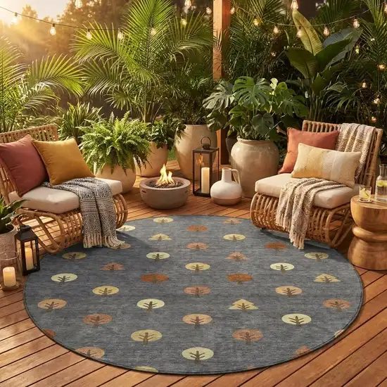 8' Charcoal And Orange Round Geometric Washable Indoor Outdoor Area Rug Photo 1
