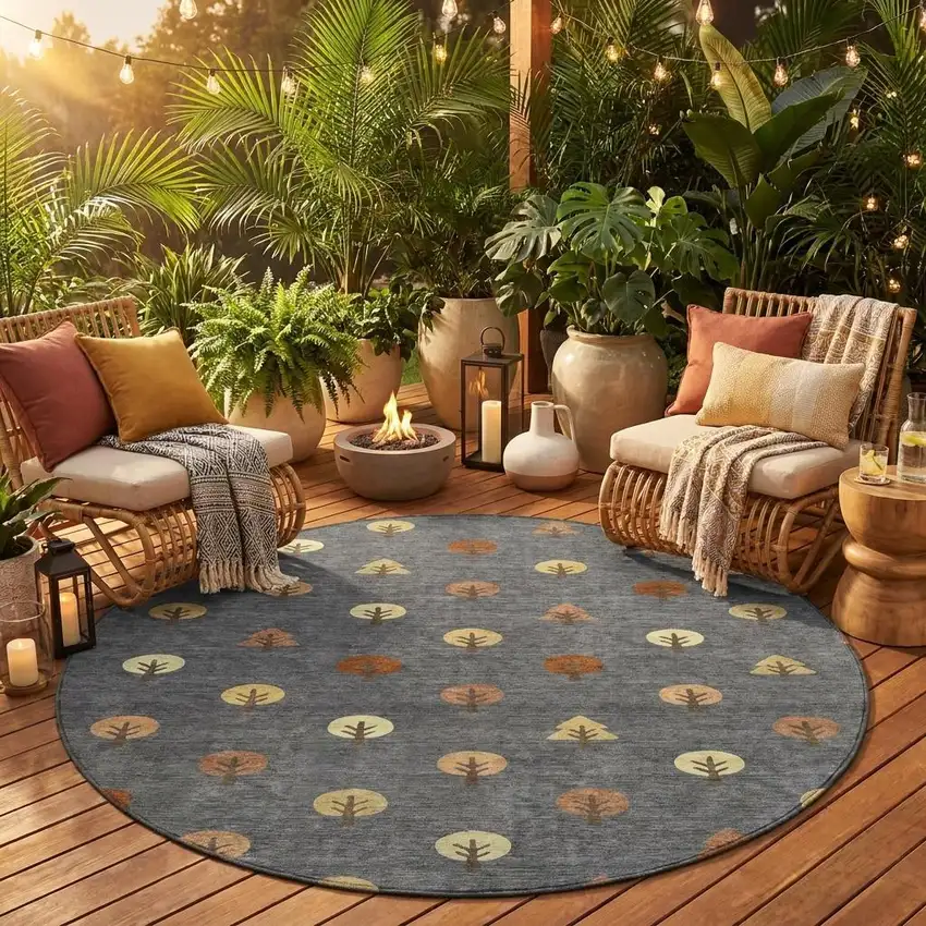 8' Charcoal And Orange Round Geometric Washable Indoor Outdoor Area Rug Photo 1