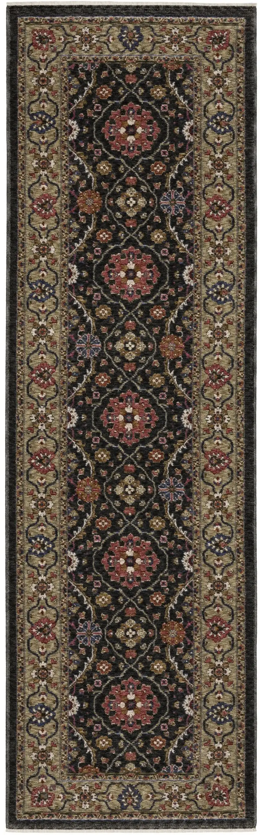 8' Charcoal And Pink Oriental Runner Rug With Fringe Photo 2