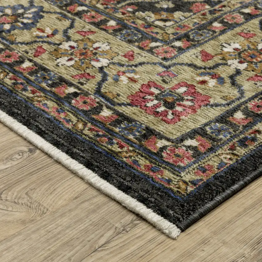 8' Charcoal And Pink Oriental Runner Rug With Fringe Photo 9