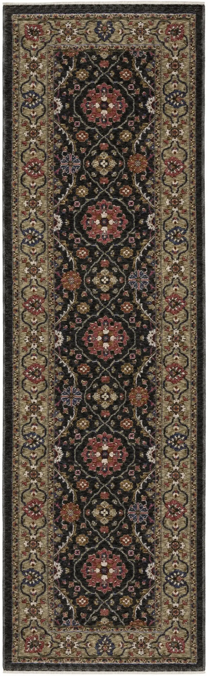 8' Charcoal And Pink Oriental Runner Rug With Fringe Photo 5
