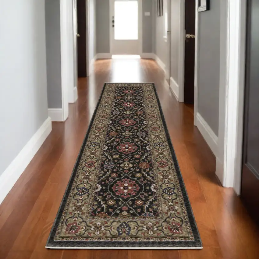 8' Charcoal And Pink Oriental Runner Rug With Fringe Photo 1