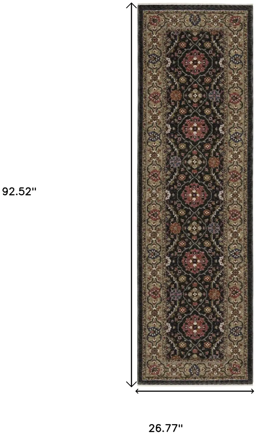 8' Charcoal And Pink Oriental Runner Rug With Fringe Photo 3