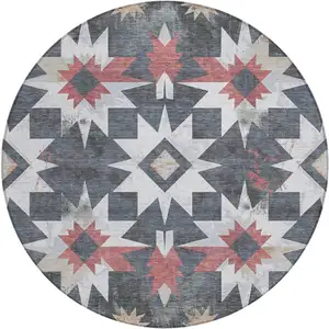 Photo of 8' Charcoal And Rust Round Aztec Washable Indoor Outdoor Area Rug
