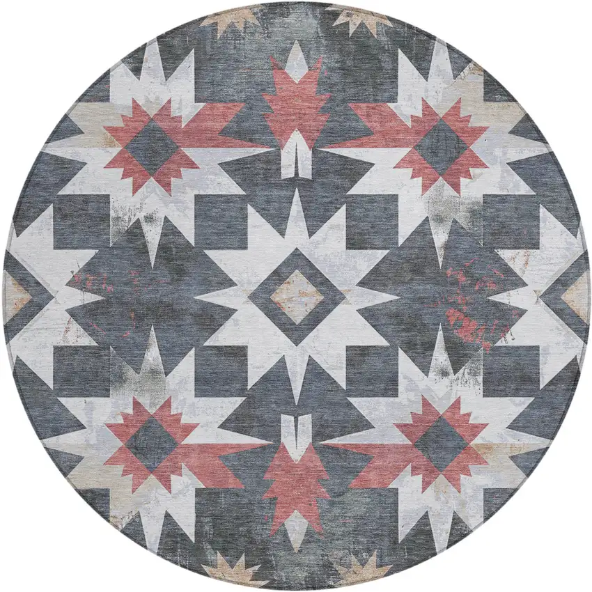 8' Charcoal And Rust Round Aztec Washable Indoor Outdoor Area Rug Photo 1