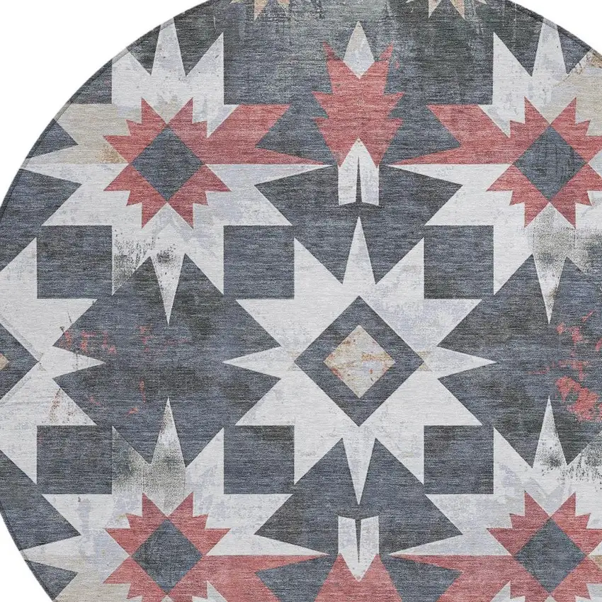 8' Charcoal And Rust Round Aztec Washable Indoor Outdoor Area Rug Photo 4