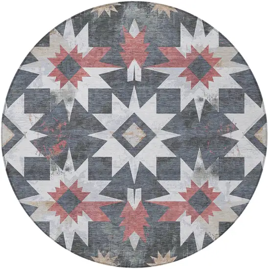 8' Charcoal And Rust Round Aztec Washable Indoor Outdoor Area Rug Photo 3