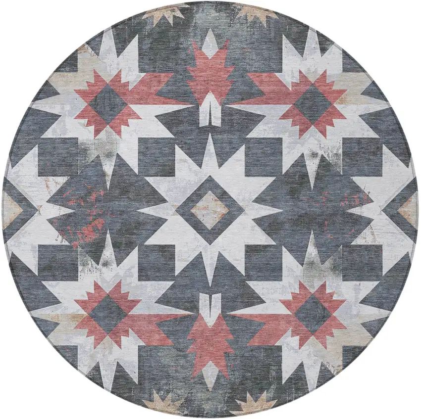 8' Charcoal And Rust Round Aztec Washable Indoor Outdoor Area Rug Photo 3