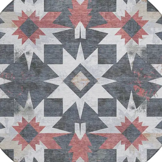 8' Charcoal And Rust Round Aztec Washable Indoor Outdoor Area Rug Photo 8