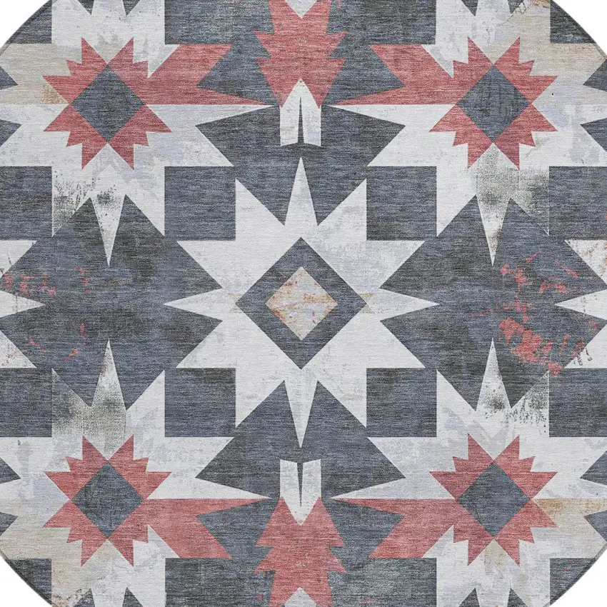 8' Charcoal And Rust Round Aztec Washable Indoor Outdoor Area Rug Photo 8