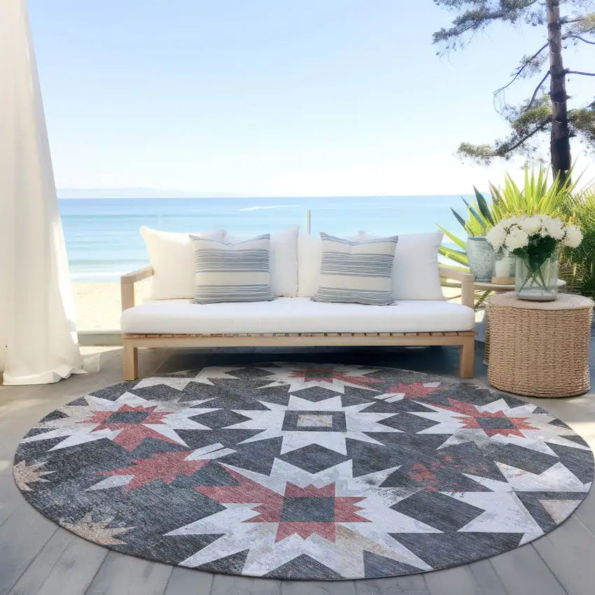 8' Charcoal And Rust Round Aztec Washable Indoor Outdoor Area Rug Photo 5