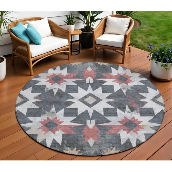 8' Charcoal And Rust Round Aztec Washable Indoor Outdoor Area Rug Photo 2