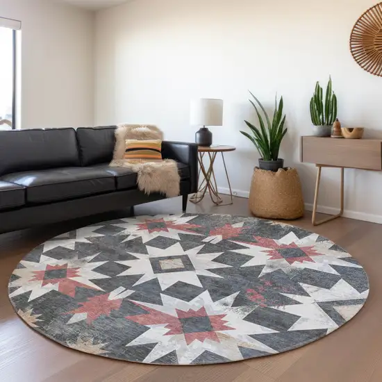 8' Charcoal And Rust Round Aztec Washable Indoor Outdoor Area Rug Photo 6