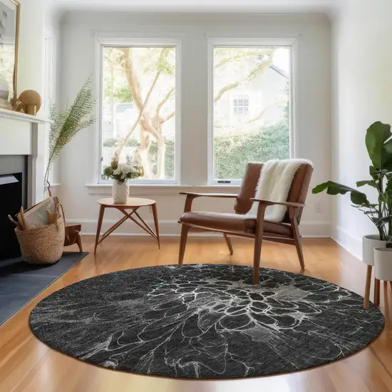 8' Charcoal And Silver Abstract Washable Round Rug With UV Protection Photo 6