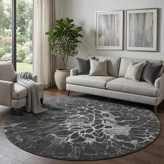 8' Charcoal And Silver Abstract Washable Round Rug With UV Protection Photo 1