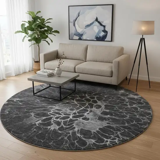 8' Charcoal And Silver Abstract Washable Round Rug With UV Protection Photo 2