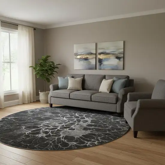 8' Charcoal And Silver Abstract Washable Round Rug With UV Protection Photo 1