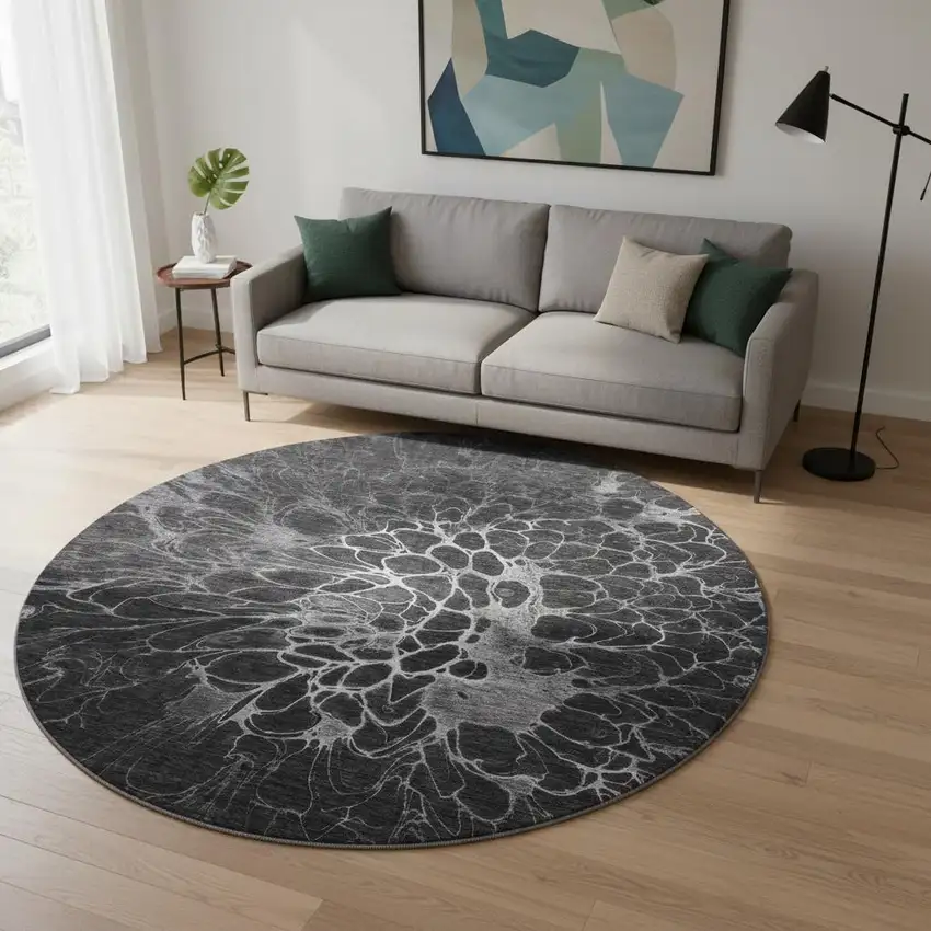 8' Charcoal And Silver Abstract Washable Round Rug With UV Protection Photo 3