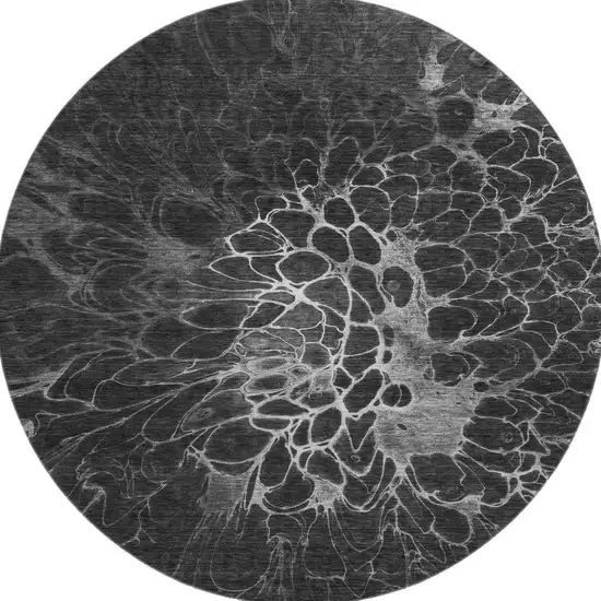 8' Charcoal And Silver Abstract Washable Round Rug With UV Protection Photo 4