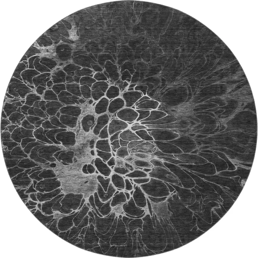 8' Charcoal And Silver Abstract Washable Round Rug With UV Protection Photo 5