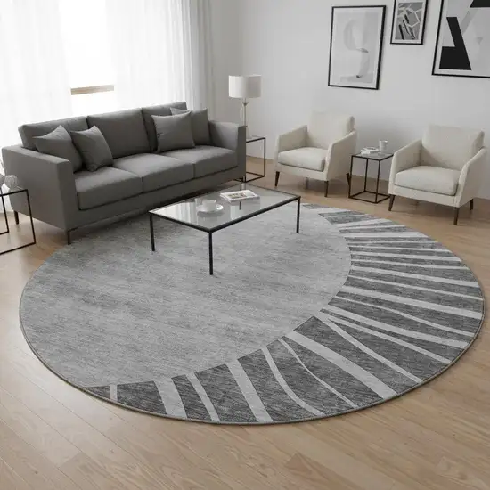 8' Charcoal And Silver Abstract Washable Round Rug With UV Protection Photo 2