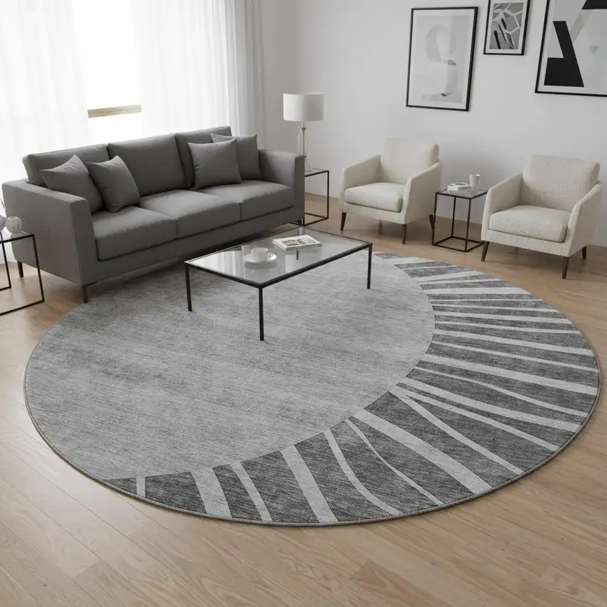8' Charcoal And Silver Abstract Washable Round Rug With UV Protection Photo 2