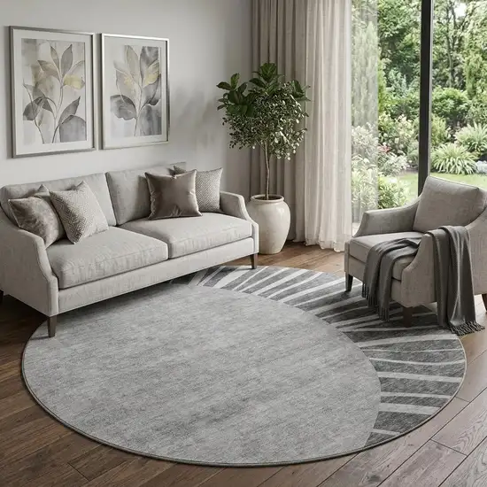 8' Charcoal And Silver Abstract Washable Round Rug With UV Protection Photo 1