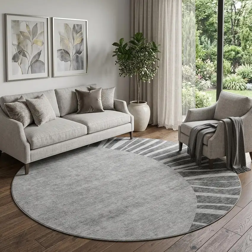 8' Charcoal And Silver Abstract Washable Round Rug With UV Protection Photo 1