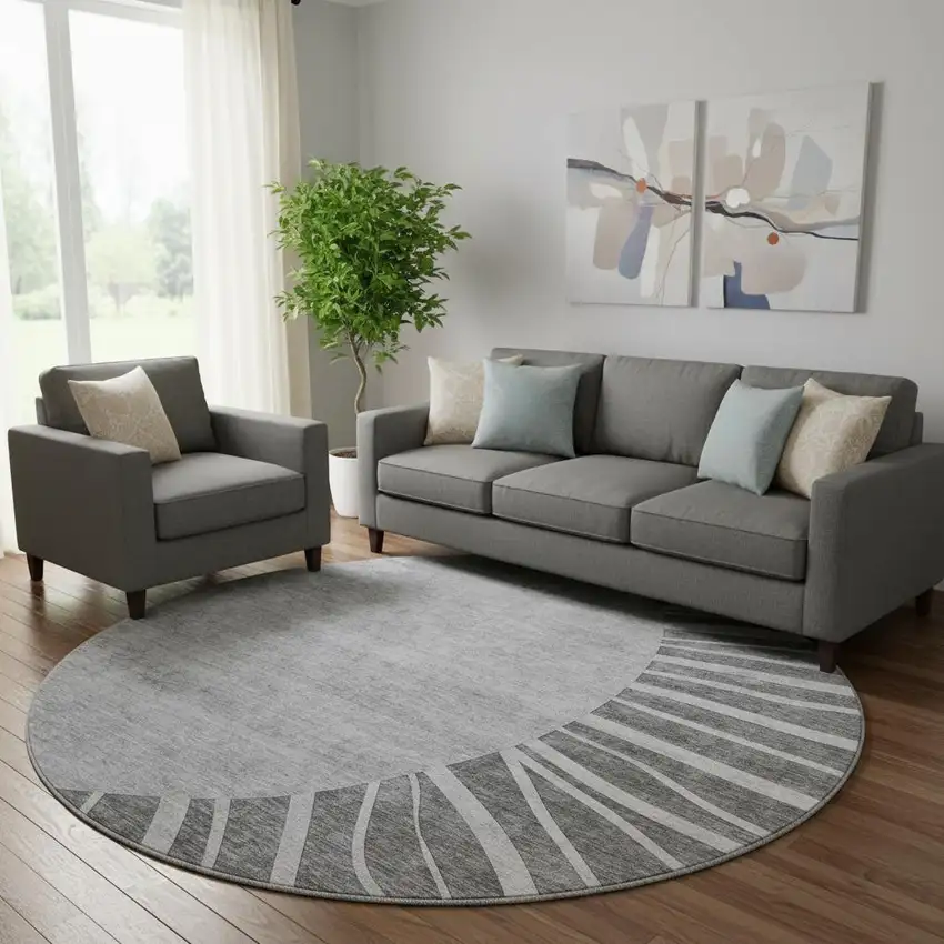 8' Charcoal And Silver Abstract Washable Round Rug With UV Protection Photo 1