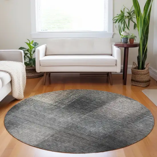 8' Charcoal And Silver Abstract Washable Round Rug With UV Protection Photo 5