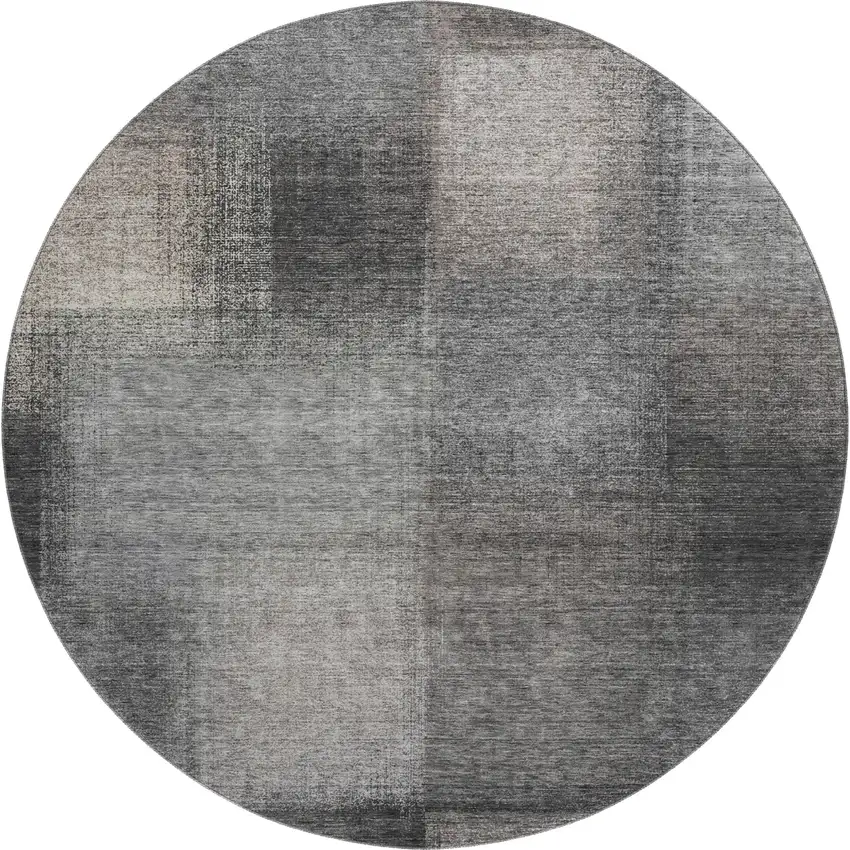 8' Charcoal And Silver Abstract Washable Round Rug With UV Protection Photo 1