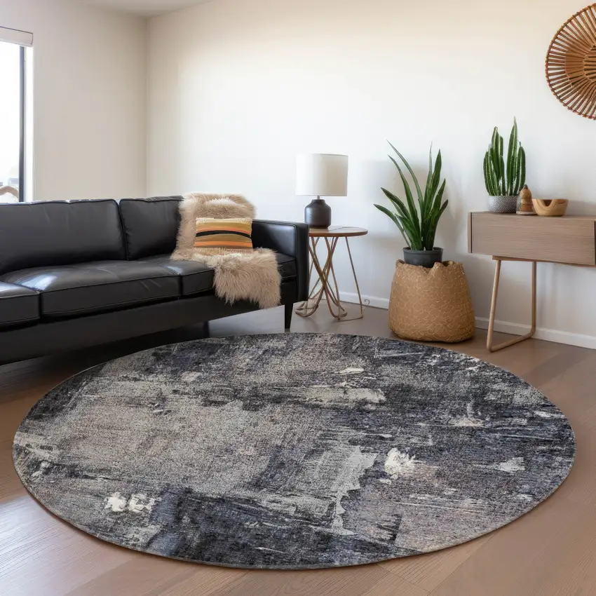 8' Charcoal And Silver Abstract Washable Round Rug With UV Protection Photo 4