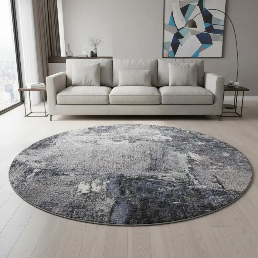 8' Charcoal And Silver Abstract Washable Round Rug With UV Protection Photo 2