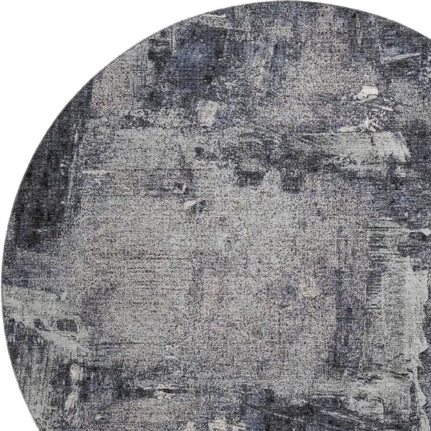 8' Charcoal And Silver Abstract Washable Round Rug With UV Protection Photo 2