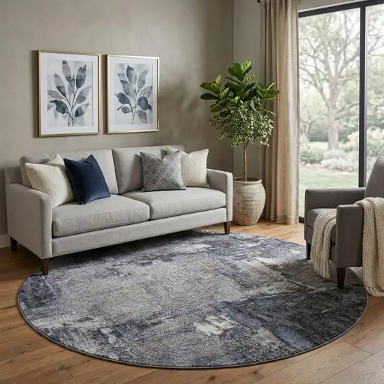 8' Charcoal And Silver Abstract Washable Round Rug With UV Protection Photo 1