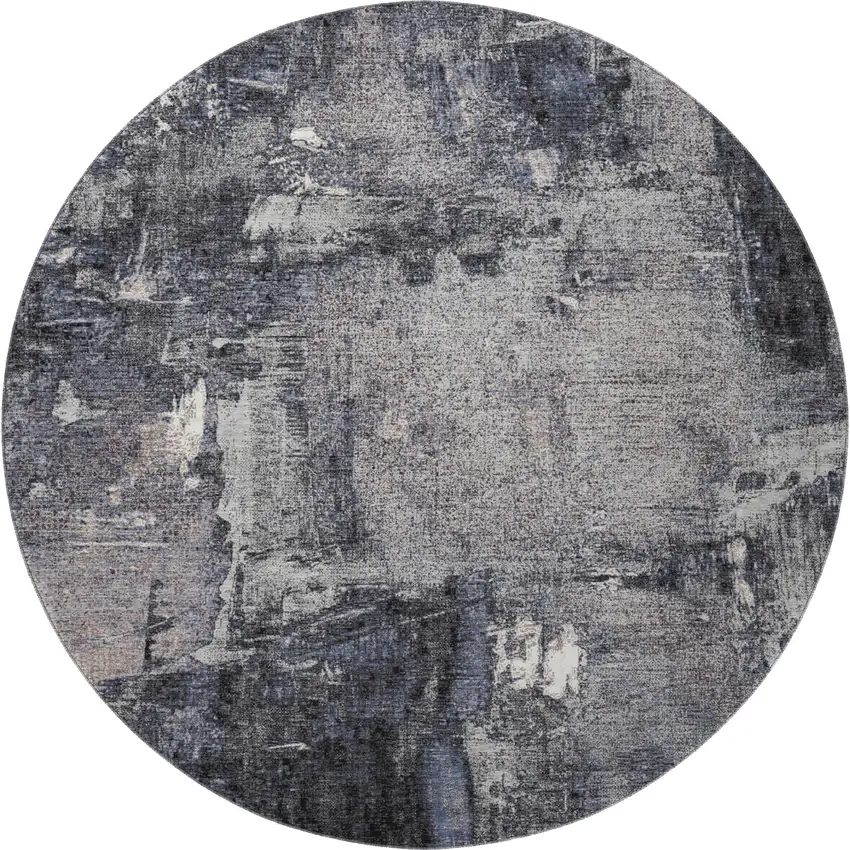 8' Charcoal And Silver Abstract Washable Round Rug With UV Protection Photo 3