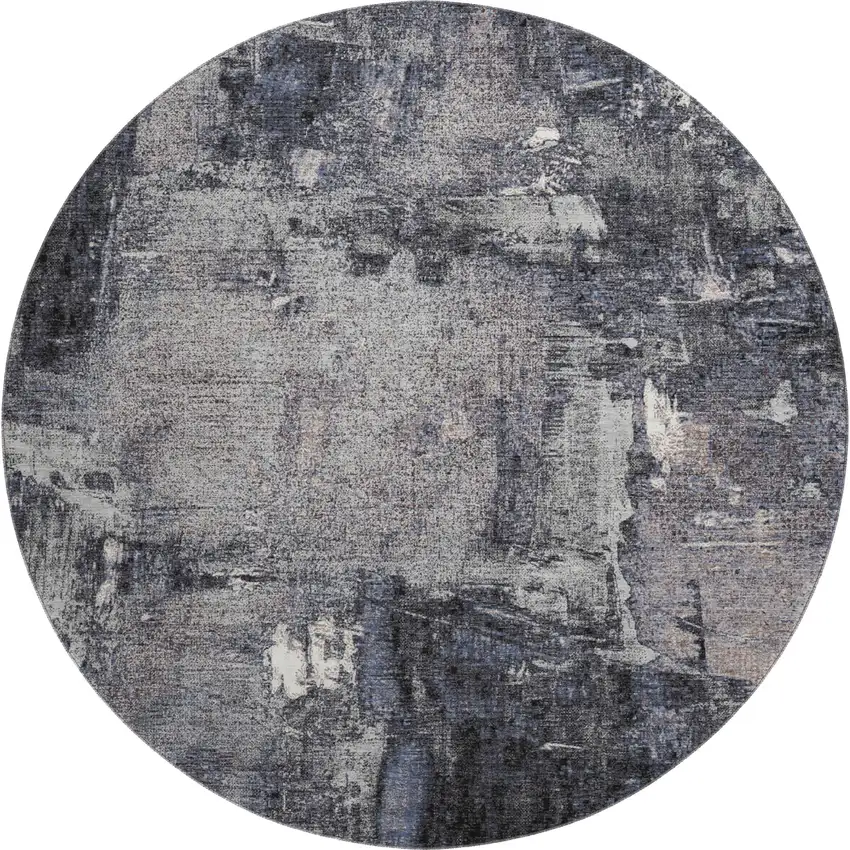 8' Charcoal And Silver Abstract Washable Round Rug With UV Protection Photo 1