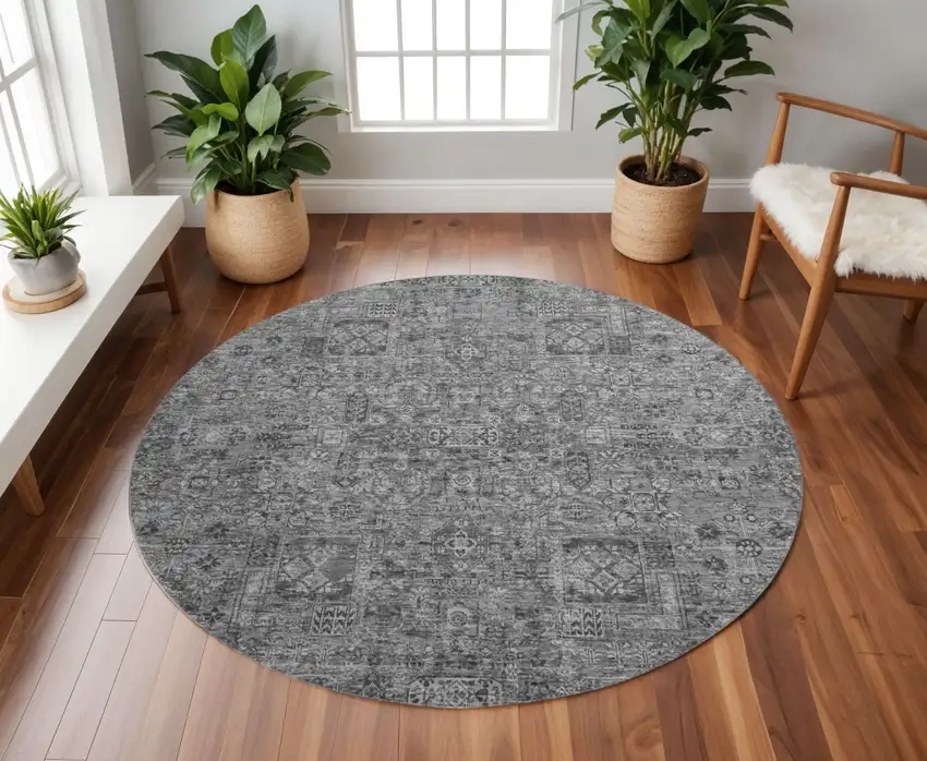 8' Charcoal And Silver Floral Washable Round Rug With UV Protection Photo 2