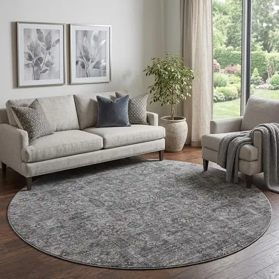 8' Charcoal And Silver Floral Washable Round Rug With UV Protection Photo 1